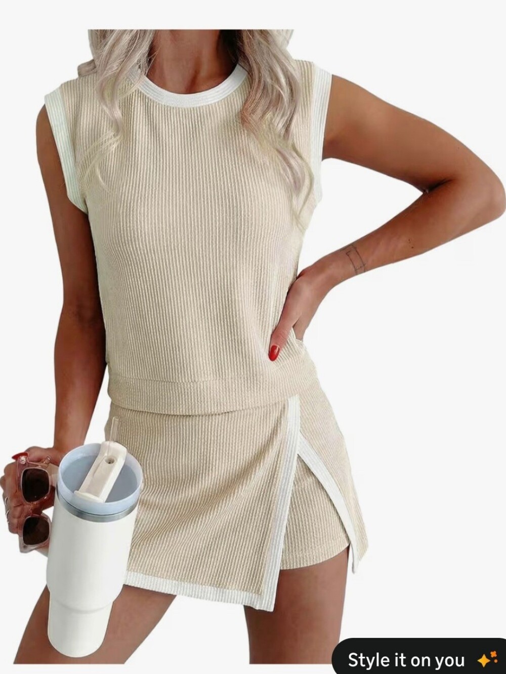Beige Ribbed Tank & Skirt Set with White Trim #2